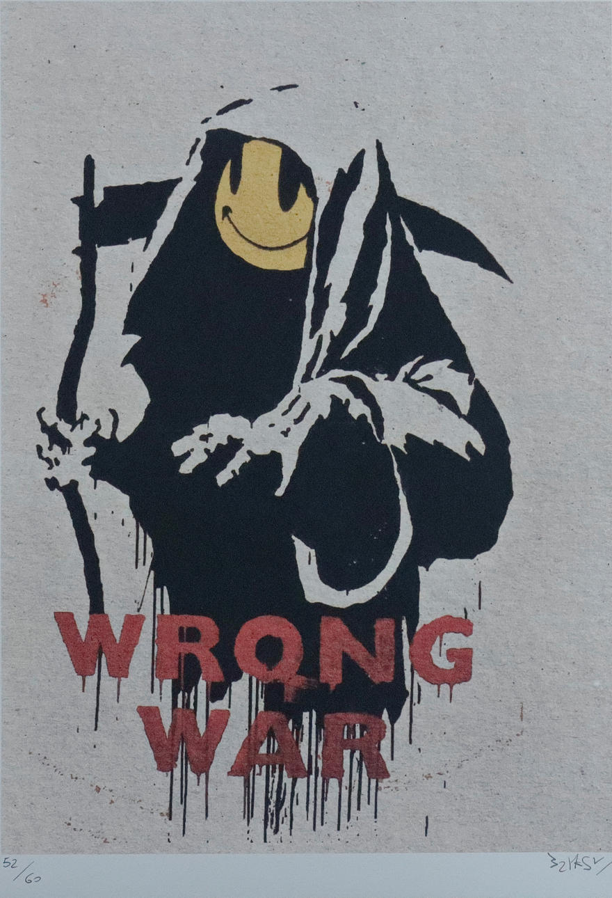 - “WRONG WAR”, Banksy motif, color offset print.