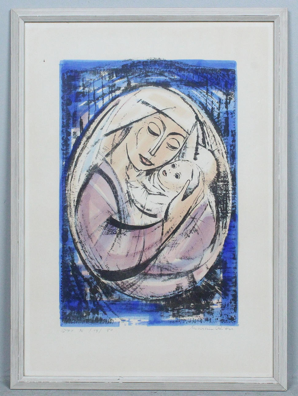 Unknown artist. 'Madonna and Child, 'color etching, signed.