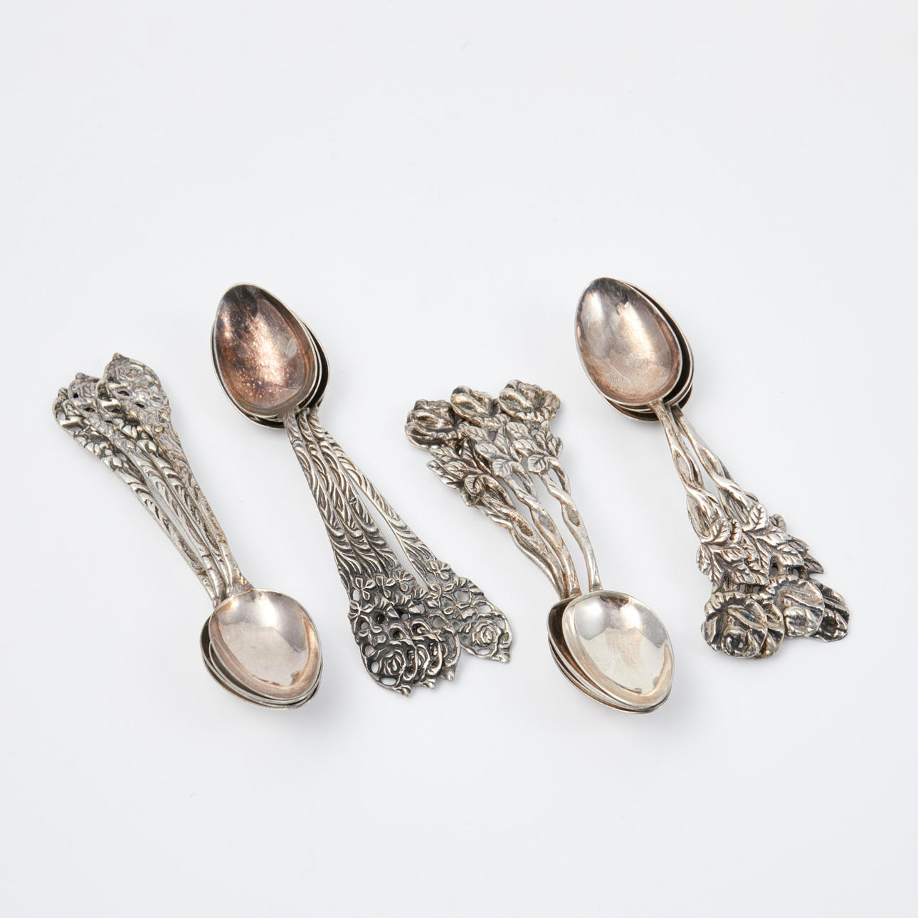 COFFEE SPOONS. 8+8 pieces, silver, 1950s, openwork floral decor, Gewe, Malmö.