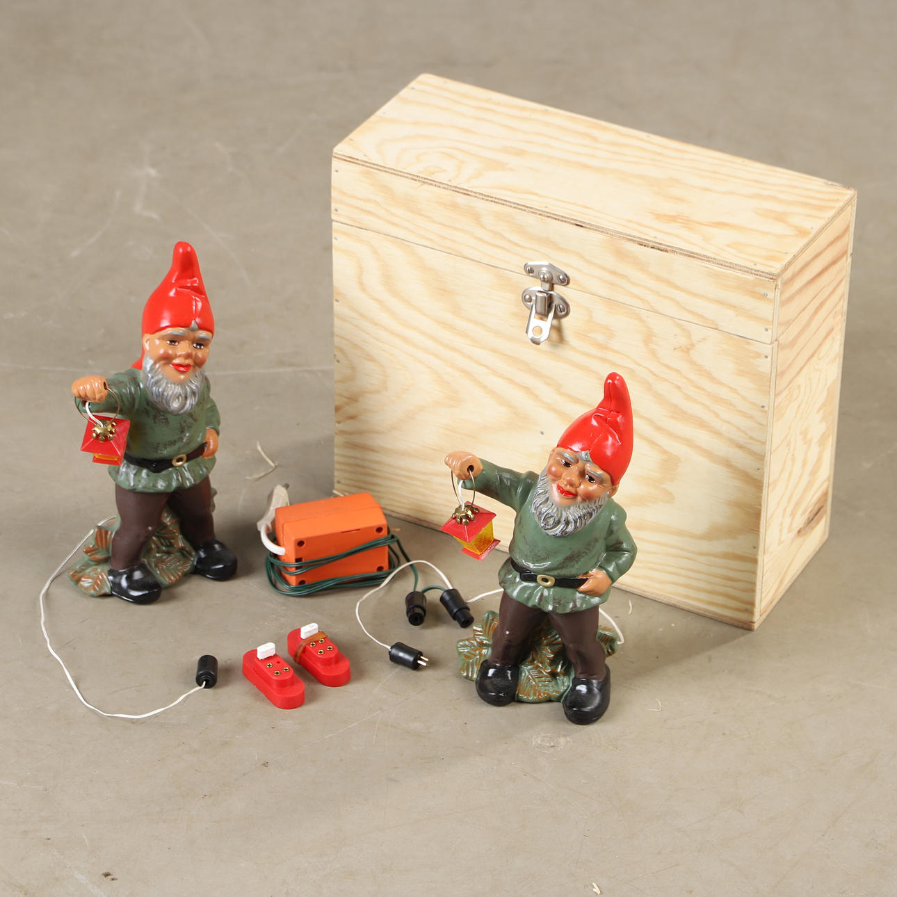 GNOMES WITH LANTERNS, stoneware, Heissner, Germany.