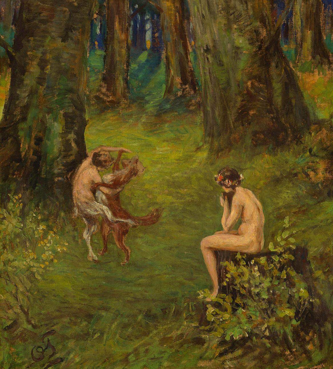 MONOGRAMMIST. “Allegorical scene in the forest”. Oil on canvas.