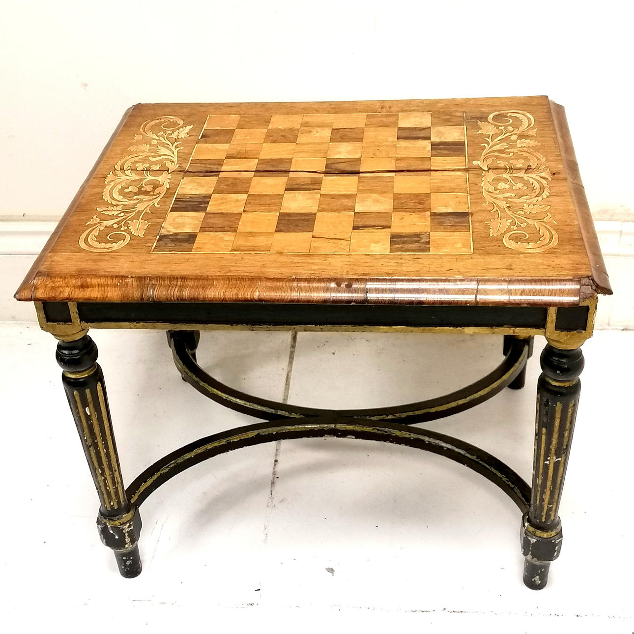 ANTIQUE CHESS BOARD TOPPED LOW TABLE.