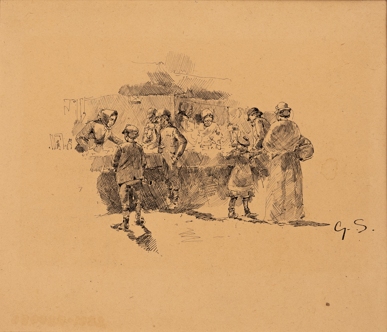 GEORG STOOPENDAAL. “At the Compensation” ink drawing, signed G.S.