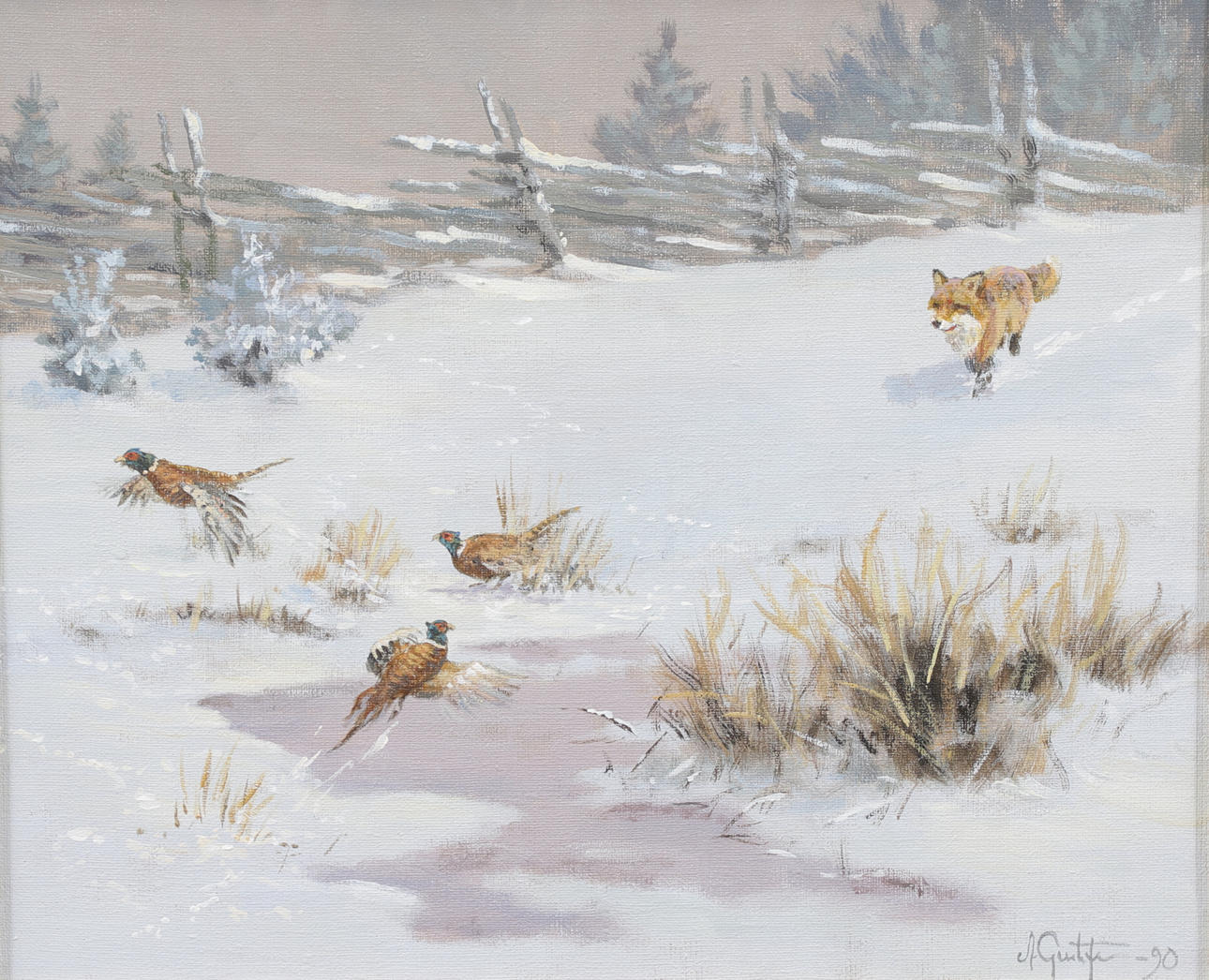 ANDERS GUSTAFSSON. Fox hunting pheasants, oil on canvas, signed and dated -90.