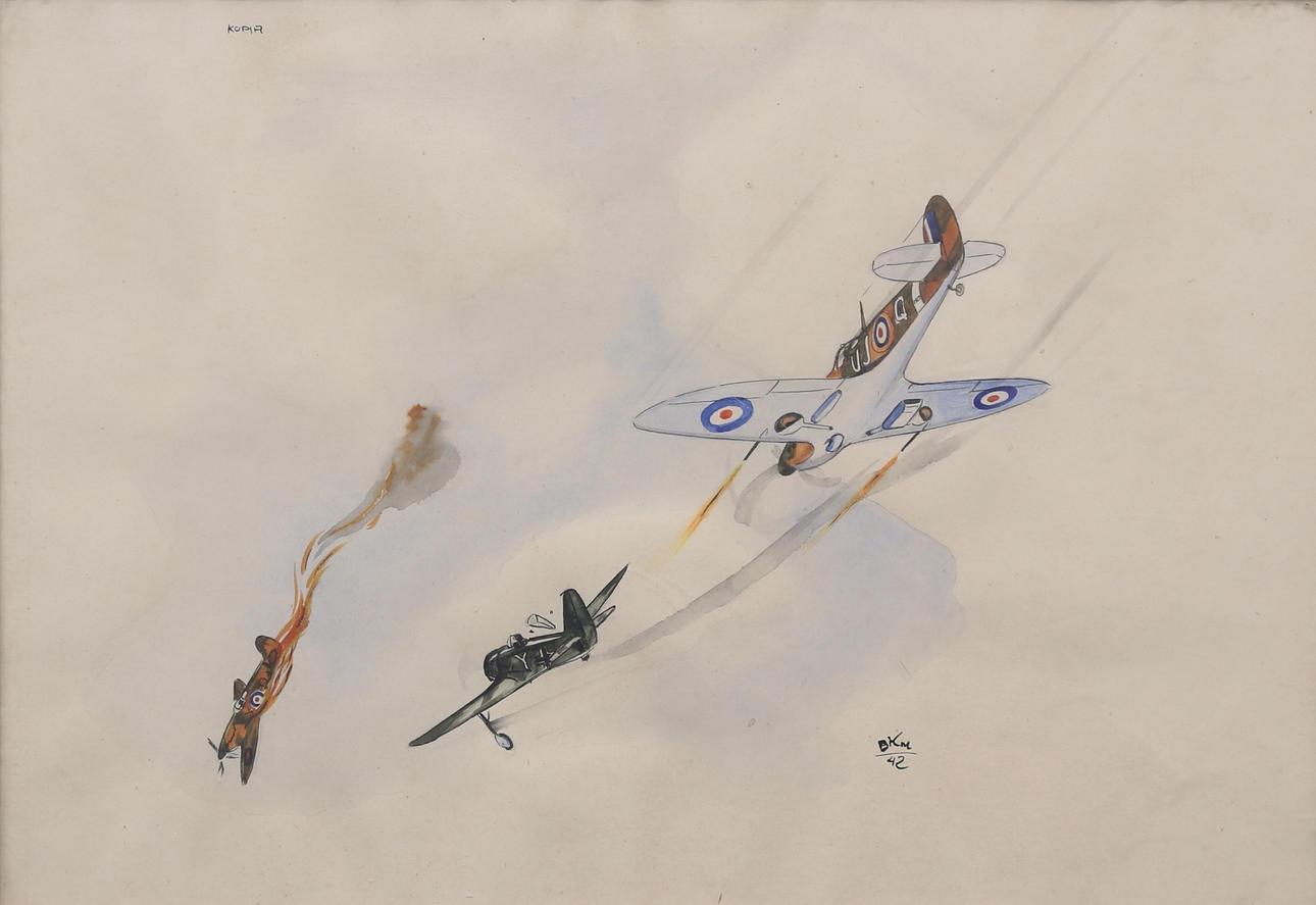 OIDENTIFIERAD KONSTNÄR. mixed technology, aircraft, signed, dated -42.