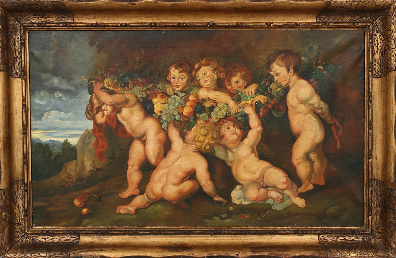 OIDENTIFIERAD KONSTNÄR. olja på duk. Motiv med puttisar och vindruvor. .