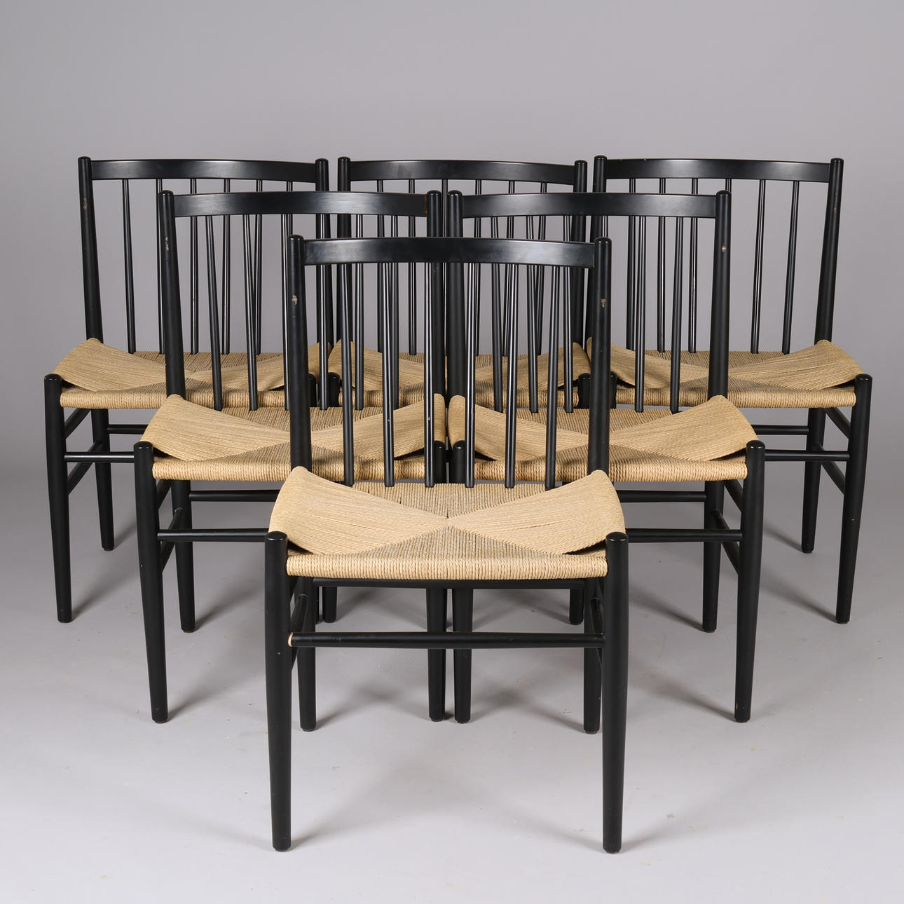 JØRGEN BÆKMARK. Set of six chairs, model J80, black lacquered beech and light wicker, FDB, Denmark (6).