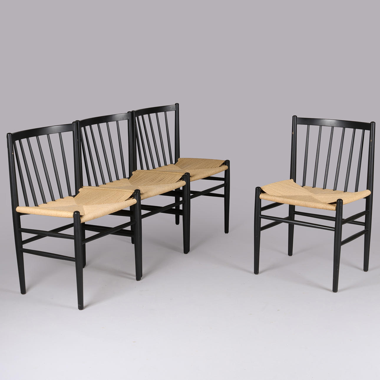 JØRGEN BÆKMARK. A set of four chairs, model J80, black lacquered beech and light wicker, FDB, Denmark (4).