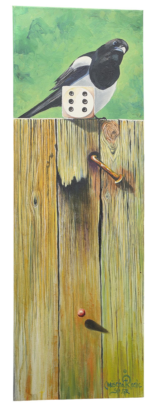 MISCHA ROSIC. Oil on canvas, bird on dice, signed.