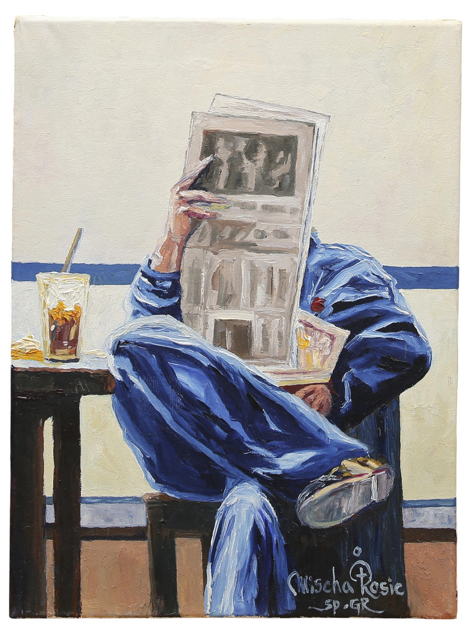 MISCHA ROSIC. Oil on canvas, newspaper reading man, signed.