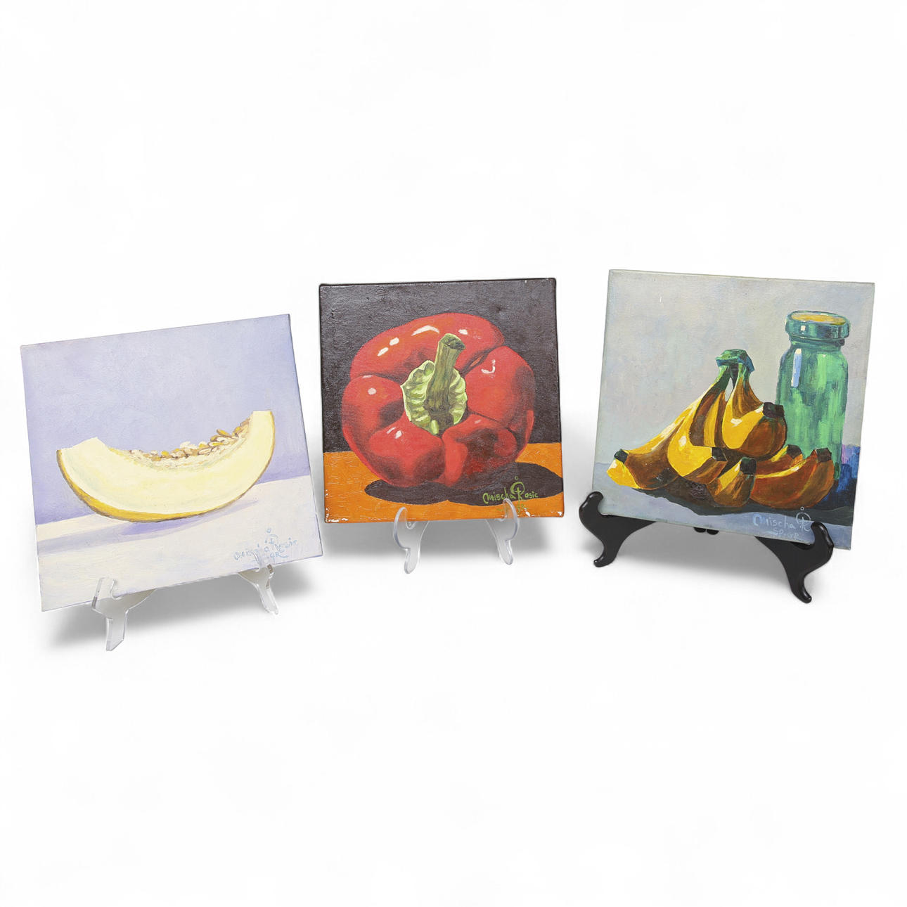 MISCHA ROSIC. Oil on canvas, still life with peppers, melon and bananas, signed,3 pieces.