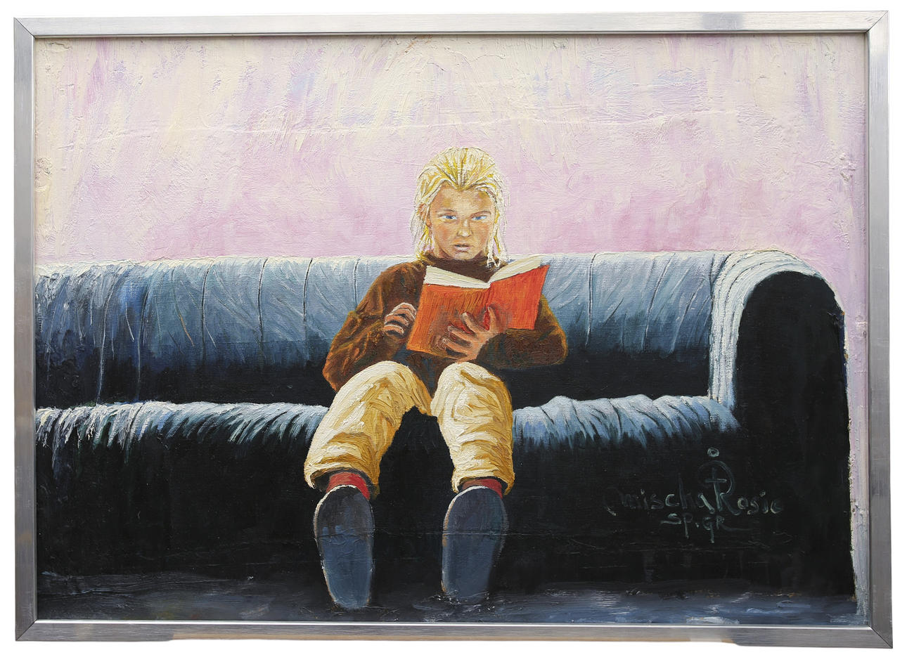 MISCHA ROSIC. Oil on panel, reading boy on sofa, signed.