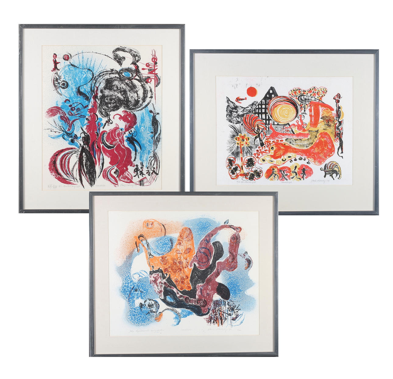 PAUL HOLSBY. "Oväntat angrepp", "Rymdhavets emigranter" och "Vår stad är glad", 3 st. färglitografier, signerade.