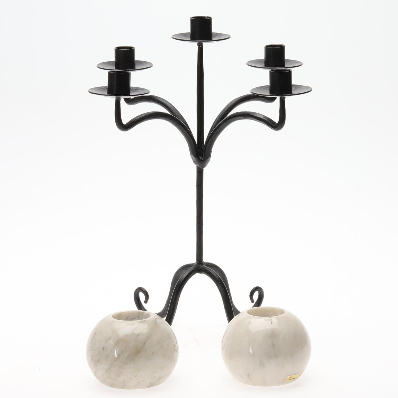 Wrought candelabra and a pair of candle holders from Ekebergs Marmor.
