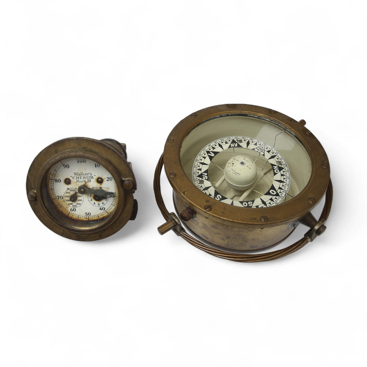 SHIP COMPASS & GAUGE TO TRAILER LOG. Brass, early 20th century.