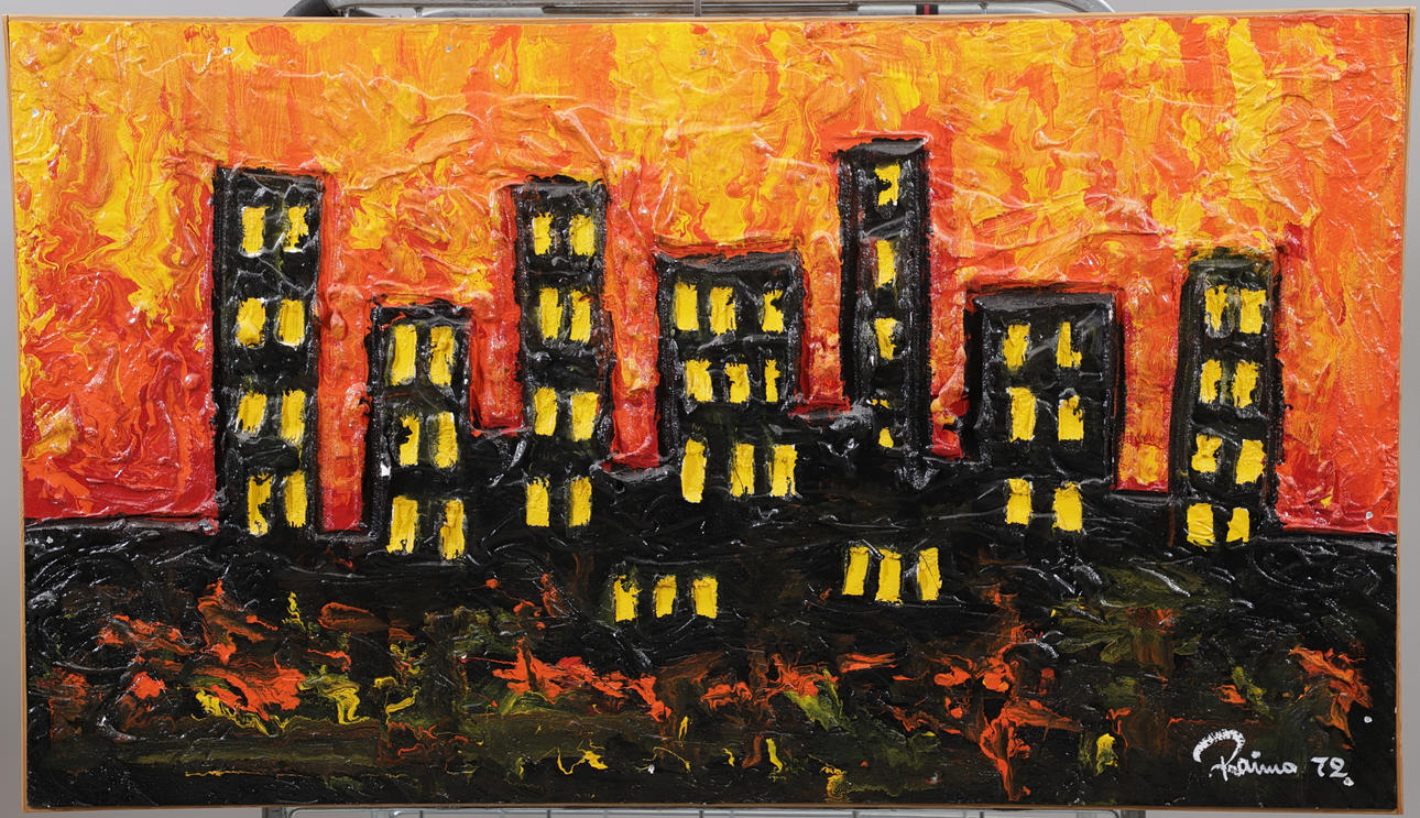OIDENTIFIERAD KONSTNÄR. House in sunset, mixed media, signed, dated 72.