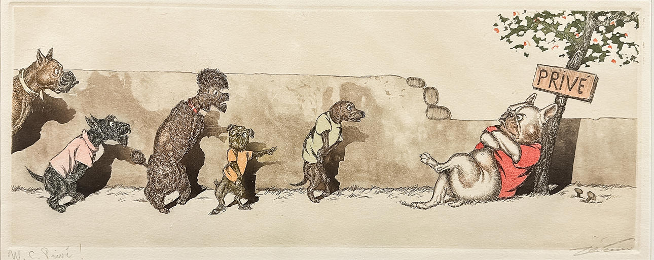 BORIS O'KLEIN. Colored etching, “W.C Privé!“from the series “Dirty dogs of Paris”, Signed.