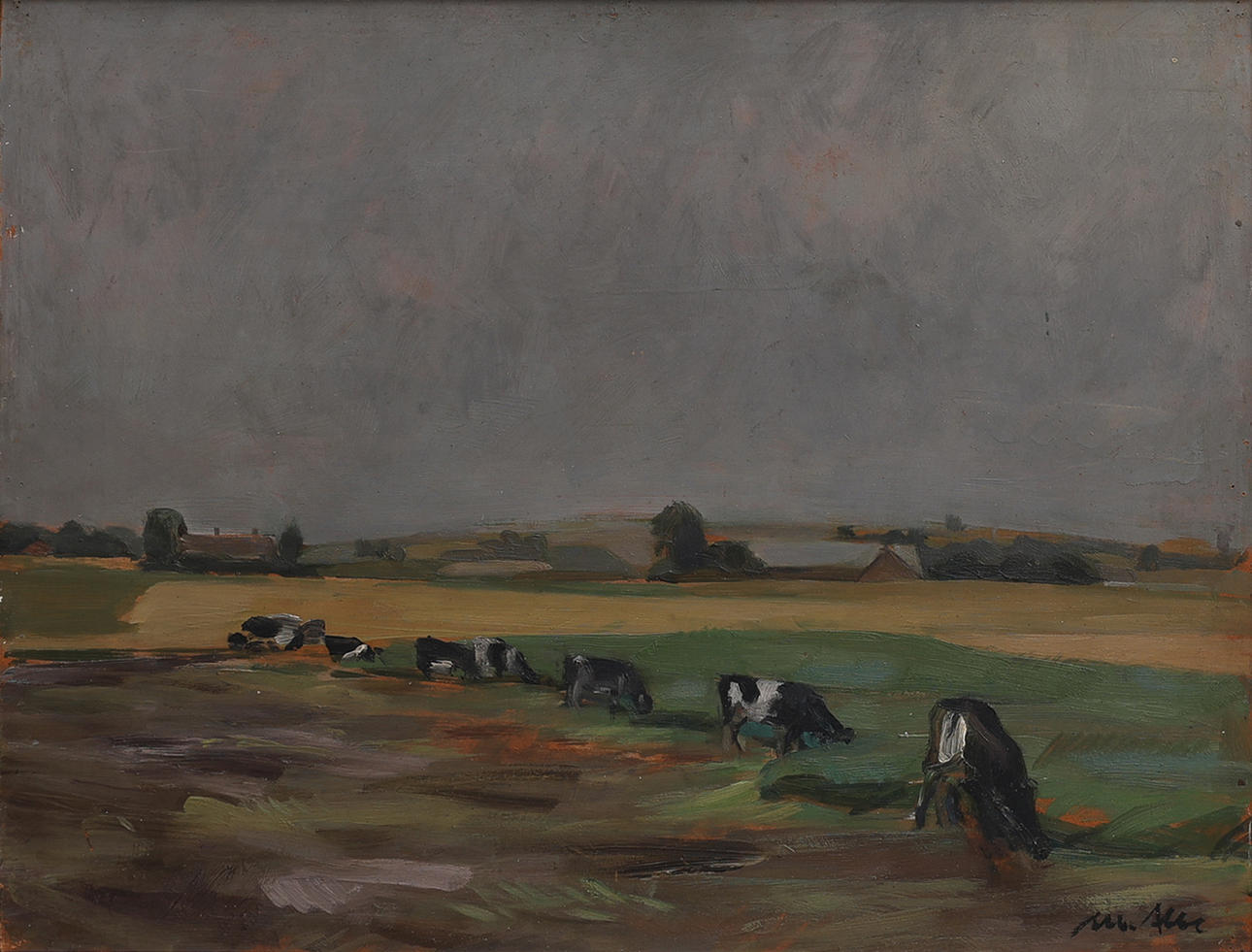 ALBERT ABBE. GRAZING COWS, OIL ON PANEL.