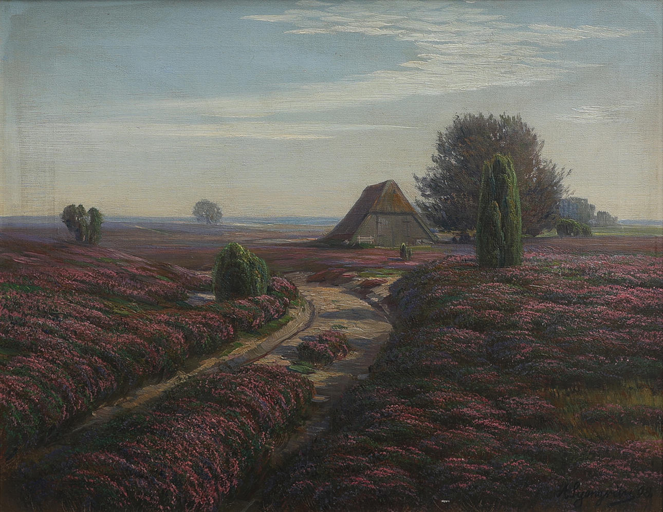 ARNOLD LYONGRÜN. HEIDEKRAUT, BLÜHENDE HEIDE, ÖL AUF LEINWAND.