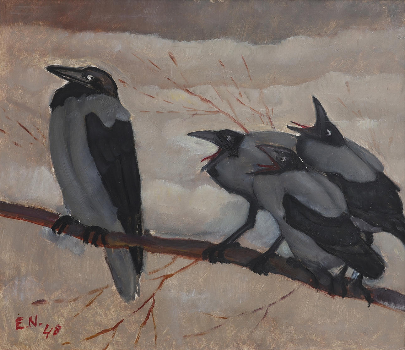 ERNST NORLIND. CROWS, OIL ON PANEL.
