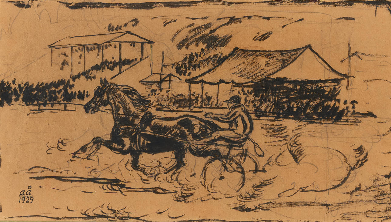 ACKE ÅSLUND (1881-1958). Trotter in competition race, monogram signed and dated aå 1929, ink drawing.