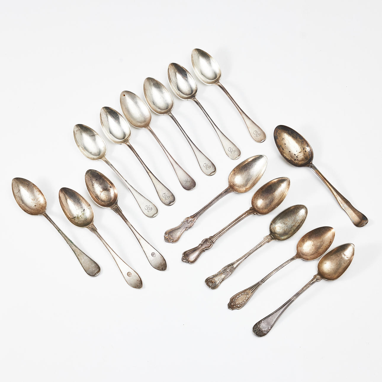 TABLE SPOONS, 15 pcs., silver, different masters, age and model.