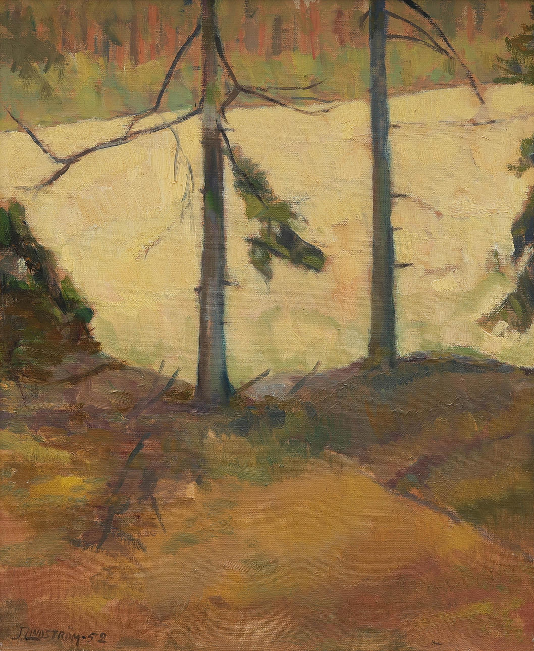 OIDENTIFIERAD KONSTNÄR. oil on canvas, forest brow, signed J.Lindström, dated 1952.