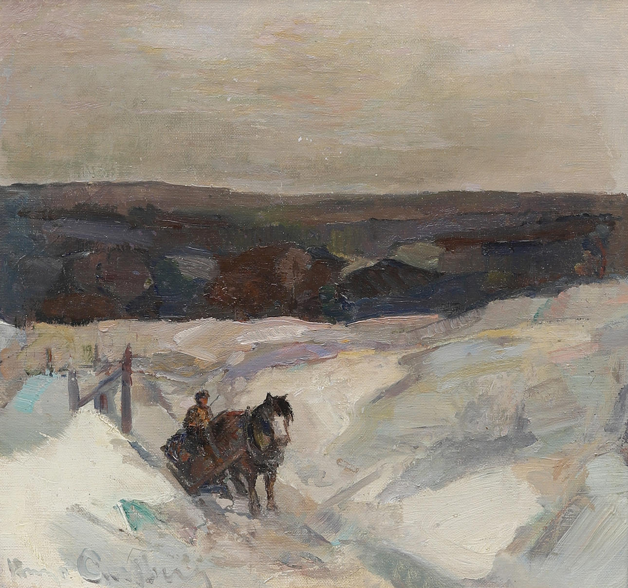 HUGO CARLBERG. “Timber driver in deep snow”, oil on lined canvas, signed and dated 1928.