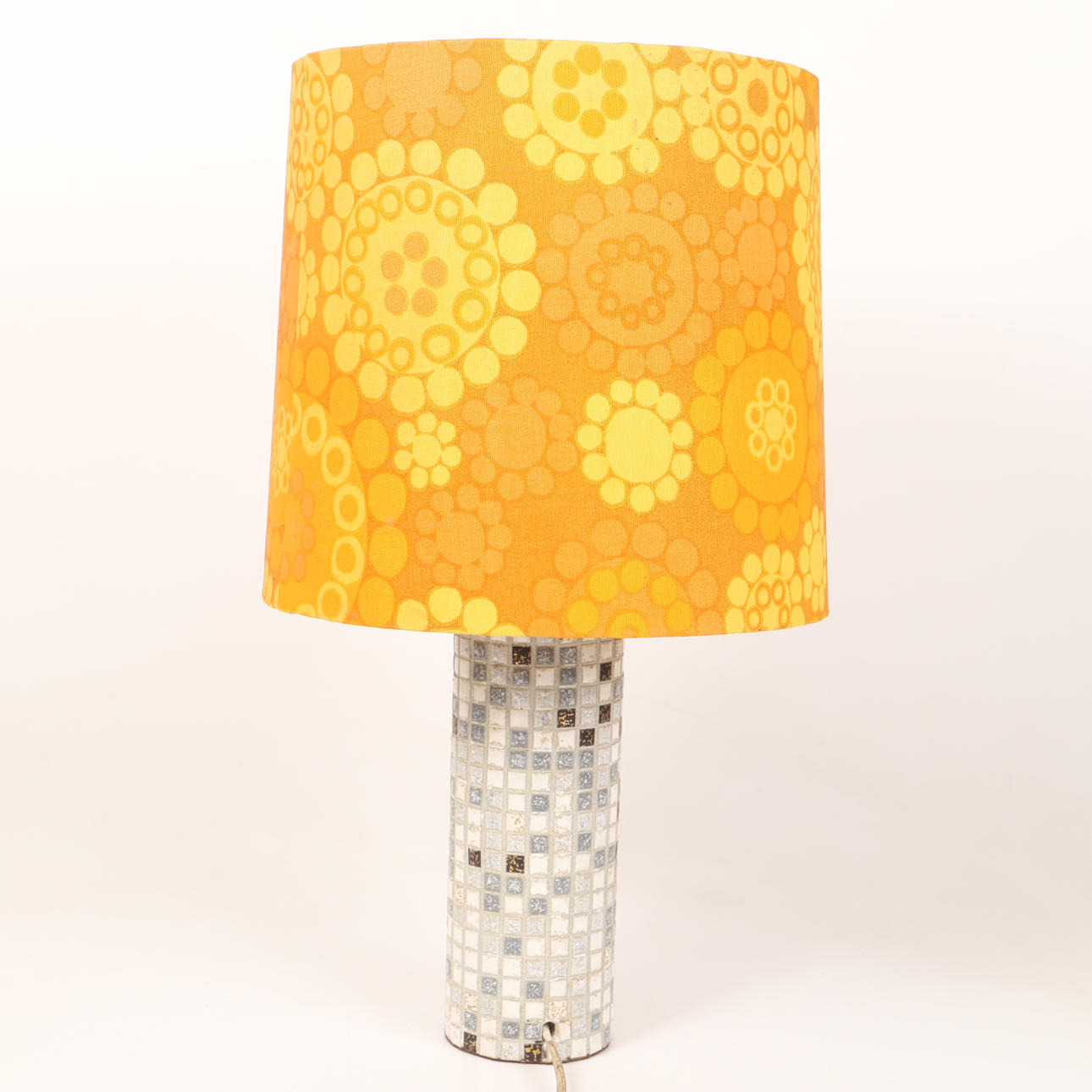 A table lamp, mosaic with textile shade, 20th century.