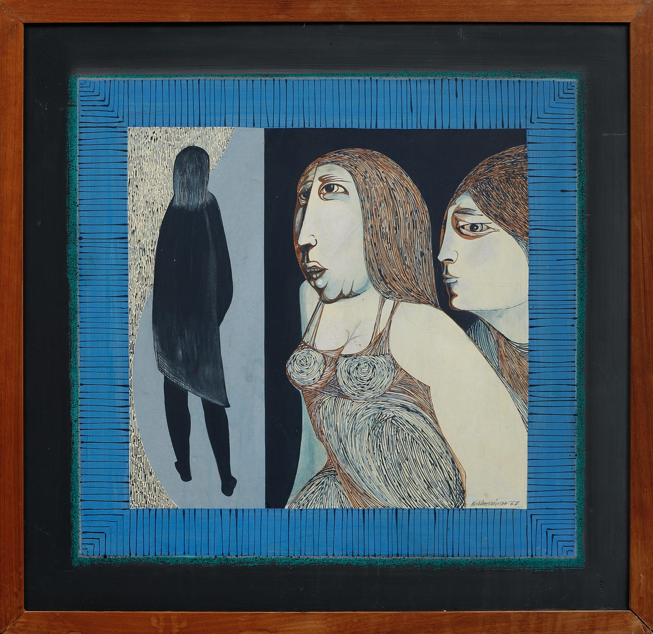PERTTI KOLEHMAINEN. Figural composition, mixed media on panel, signed.