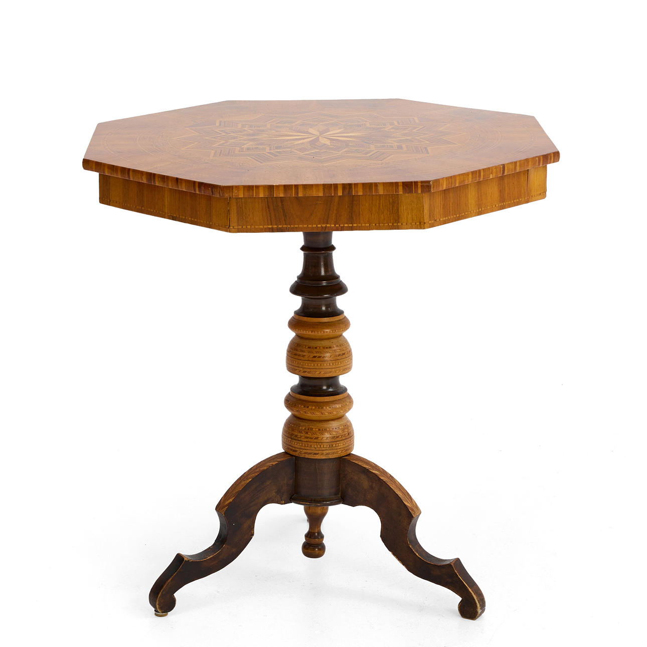 An octagonal column table, rich intarsia, Italy, later part of the 19th century.
