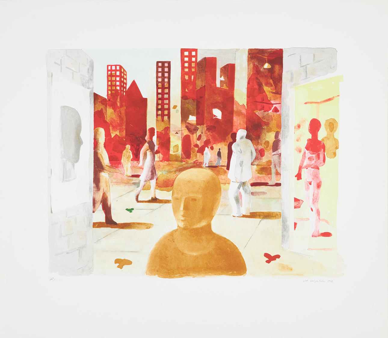 ULF GRIPENHOLM. Lithograph, figures in urban environment, sample print, signed and dated 1978.