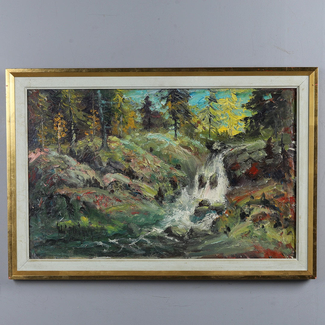OIDENTIFIERAD KONSTNÄR. BACKGAMMON. Oil on canvas, “Skogsbäcken” signed.