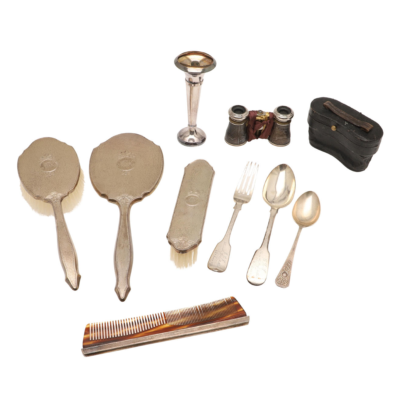 A FOUR PIECE SILVER BACKED DRESSING TABLE SET ETC.