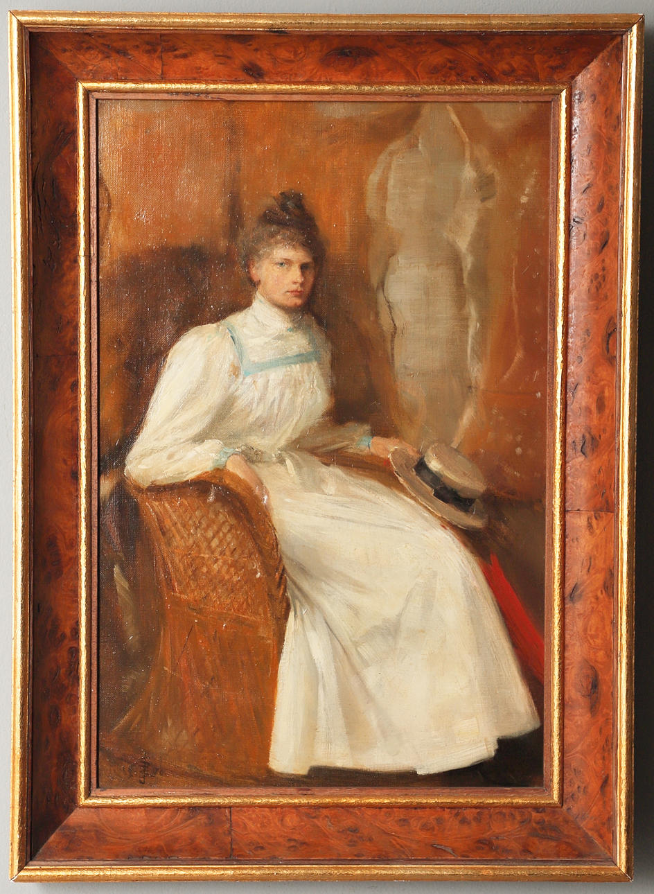CHARLES VIGOR (1860-1930). LADY IN A WHITE DRESS WITH BOATER.