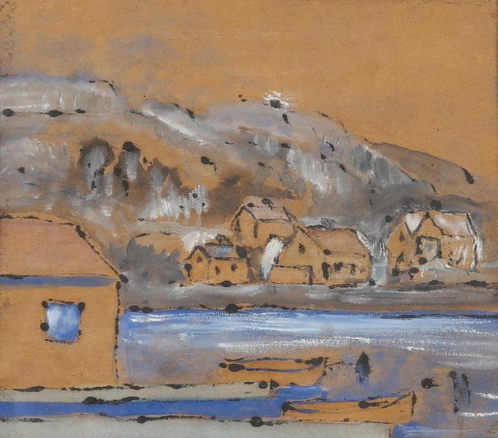 OIDENTIFIERAD KONSTNÄR. mixed media on paper, “Motiv från Fjällbacka”, signed B Eriksson 1962.