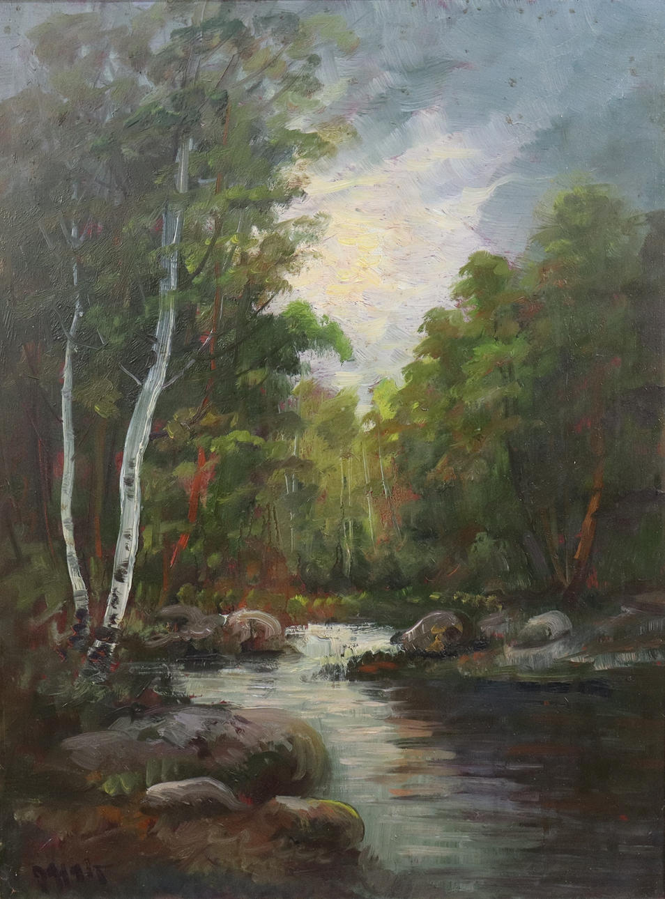 OLOF DYNET, oil on panel, forest stream.