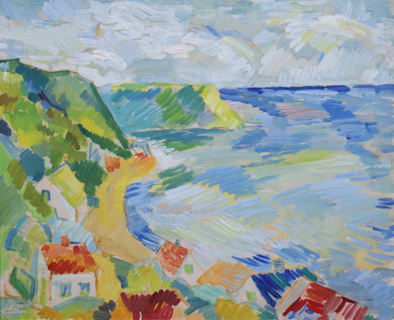 OIDENTIFIERAD KONSTNÄR. olie på panel, landsby for bugt.