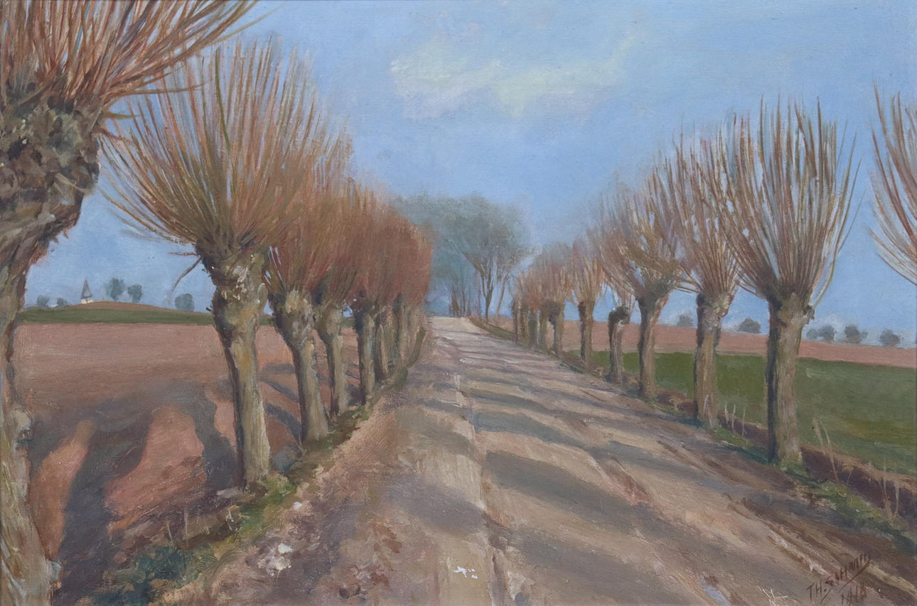 OIDENTIFIERAD KONSTNÄR. óleo sobre tabla, callejón con flechas.