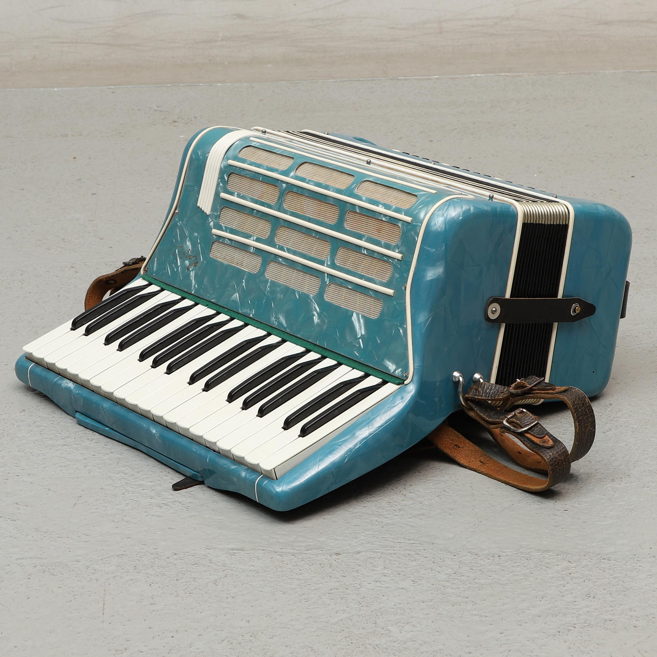 An accordion, piano, Hagström Rosita, 3-string.