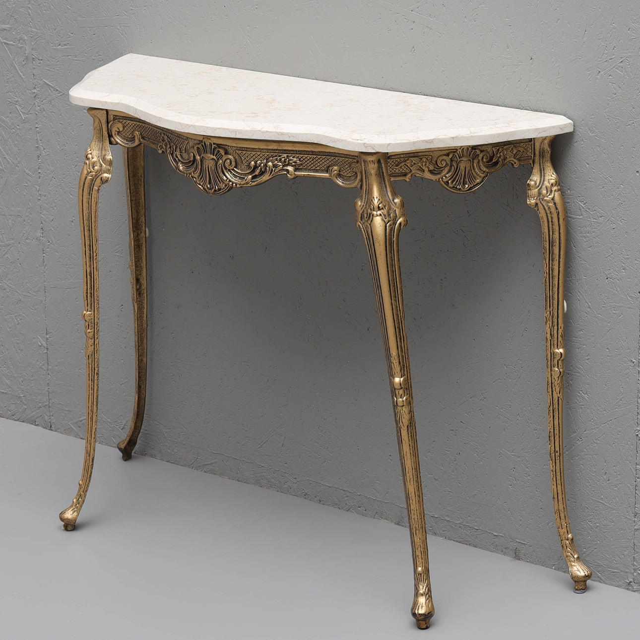 A console table, stone table top, metal leg stand, 20th century.