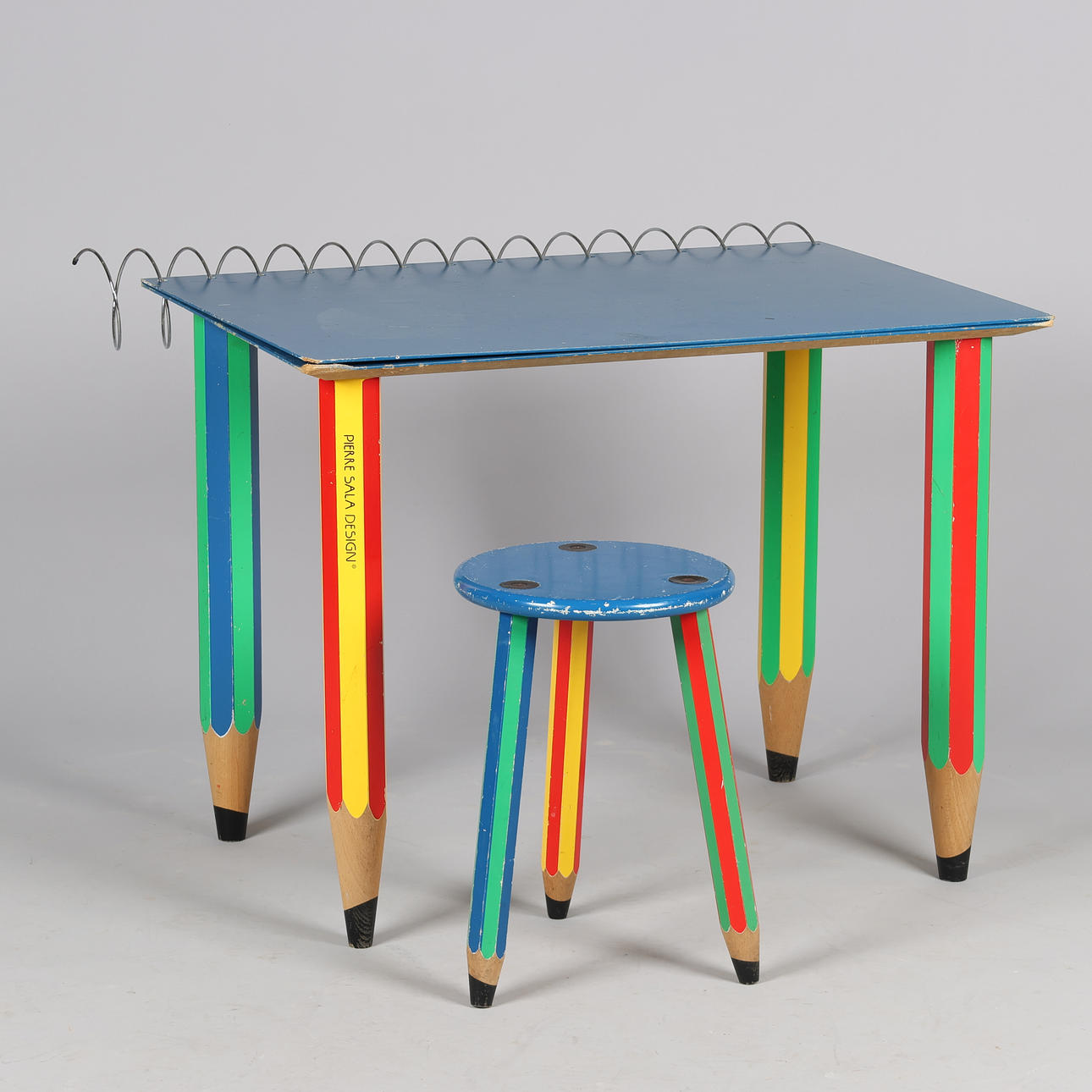 PIERRE SALA 1948-1989. Set with Pencil table and stool made of 