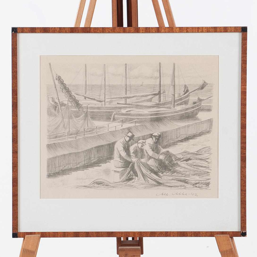 ALBERT ABBE. Fiskargubbar, graphic leaf, signed, 1942.