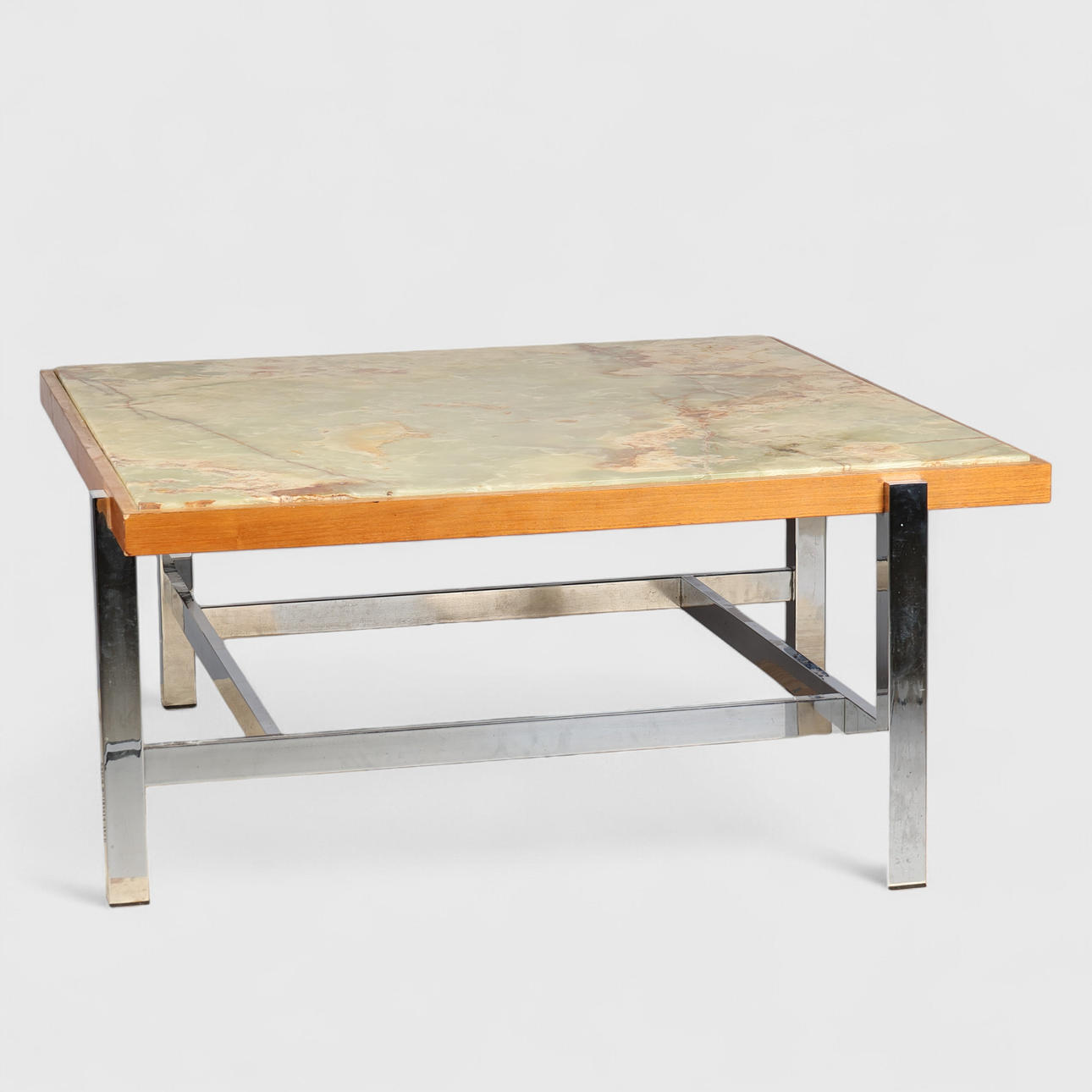 Square coffee table, marble top, chrome-plated metal frame, veneered oak frame, second half of the 20th century.