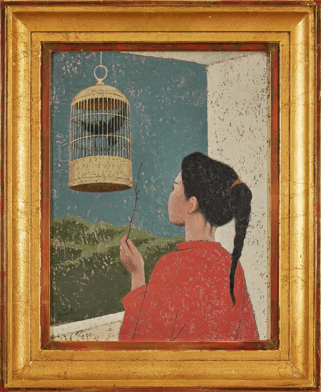 GRETA GERELL. Chica en jaula de pájaros.