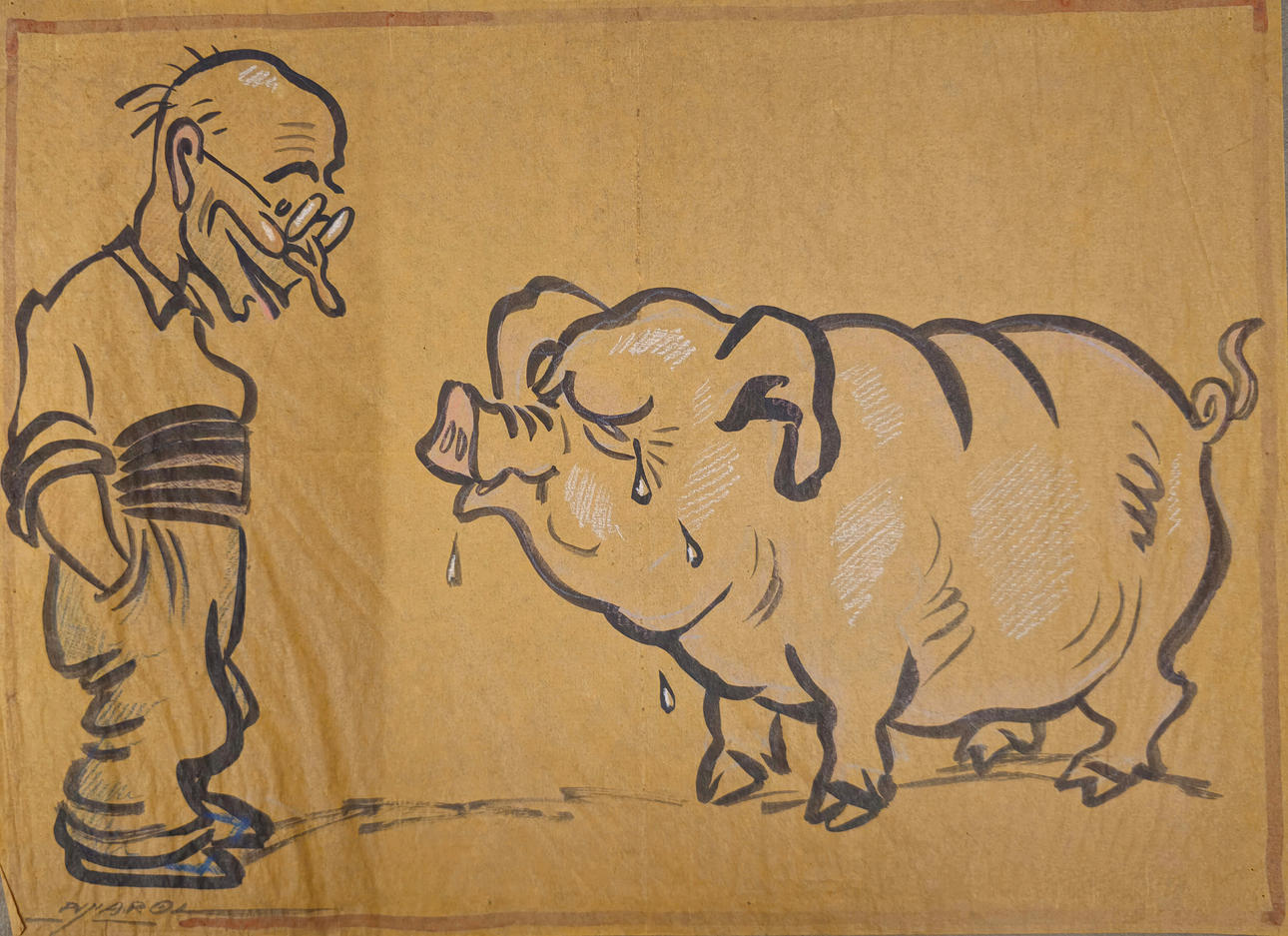 JOSEP COSTA, "PICAROL". WEEPING PIGGY. MIXED MEDIA ON PAPER.