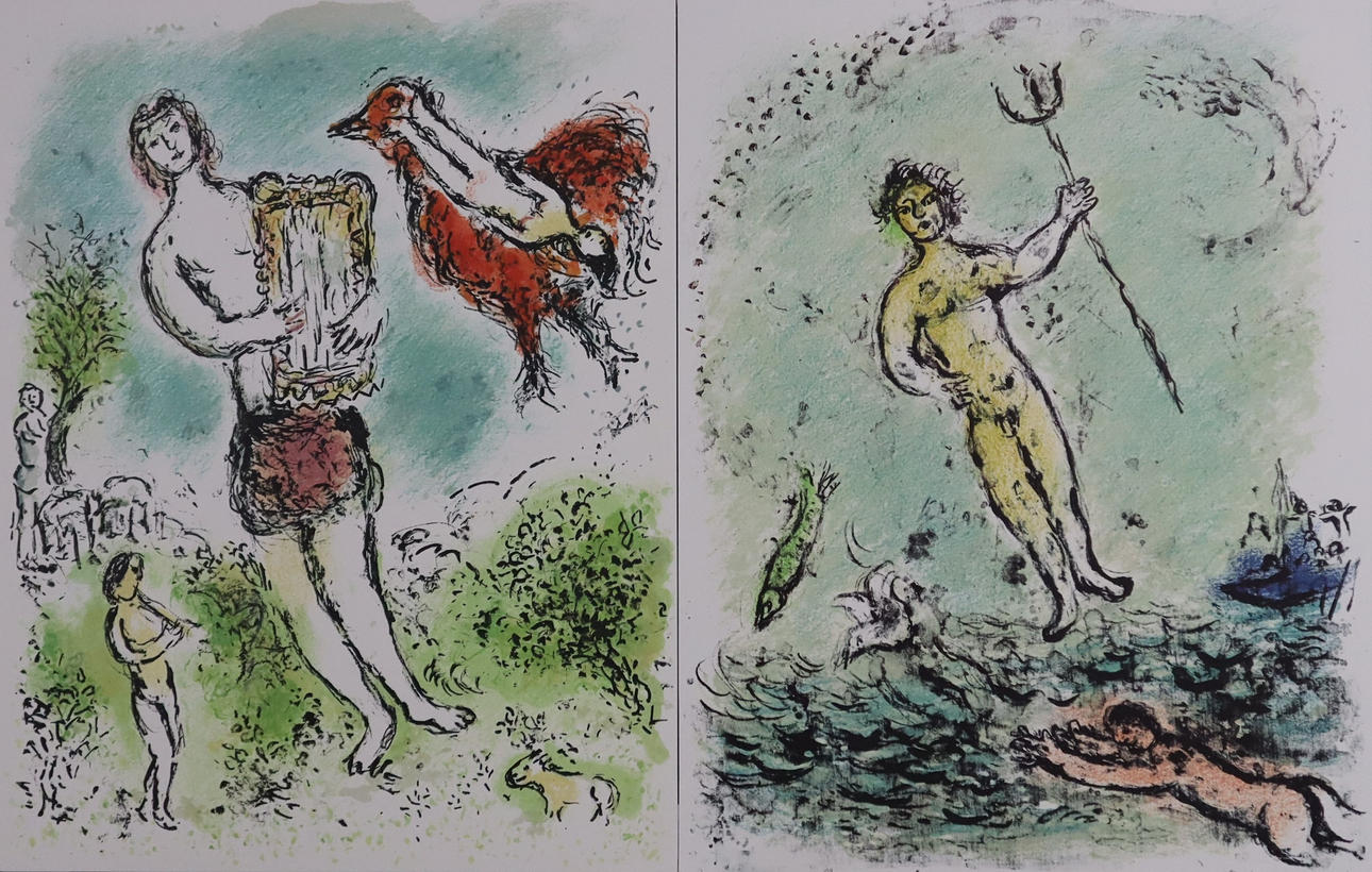 CHAGALL, MARC. After. - “Poseidon “/“Theoclymenos”, two color offset lithographs from Homère, L'Odyssée II.