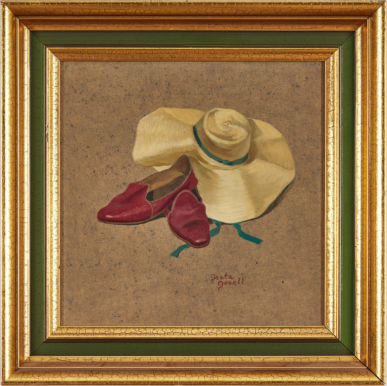 GRETA GERELL. Hat and red moccasins.