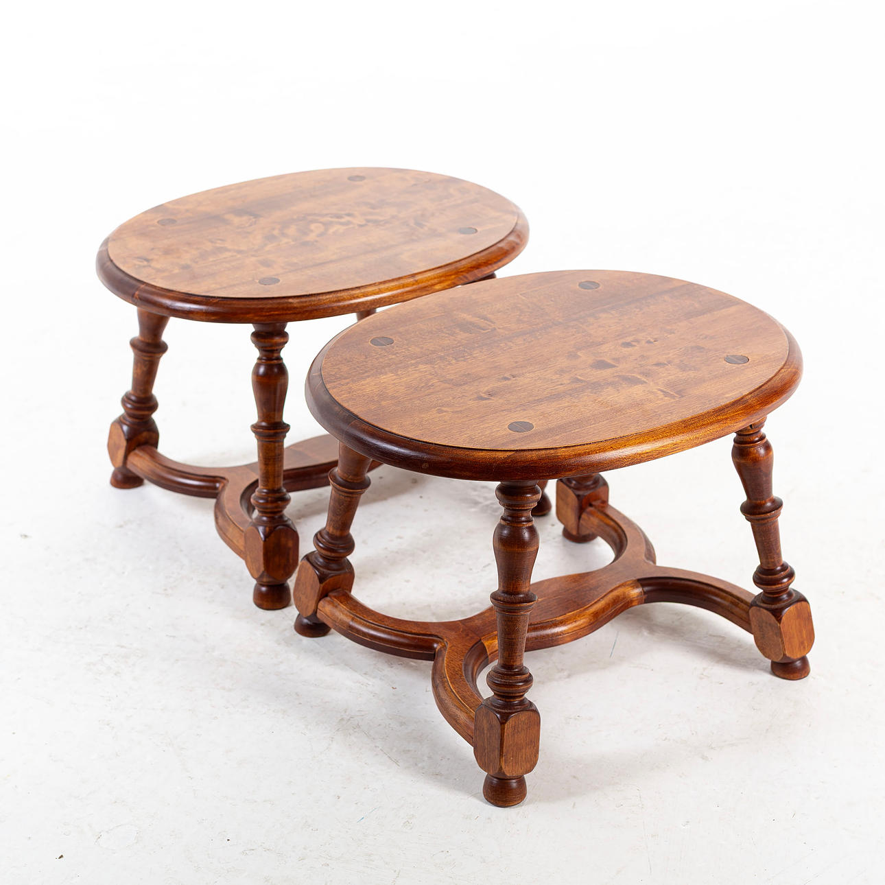 A pair of side tables and stools, late 20th century.