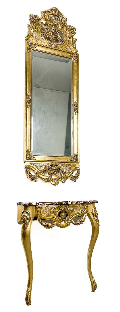 A mirror and console table, Rococo style, gilt, G&T Hovmantorp, 20th century.